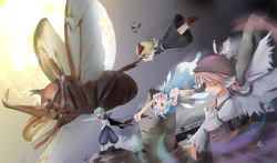 Rule 34 | 4girls, :d, animal, antennae, beetle, blonde hair, blue hair, bow, bug, cape, cirno, dress, female focus, flying, green hair, hair bow, hat, ice, insect, moon, moriya suo, multiple girls, music, mystia lorelei, open mouth, outstretched arms, oversized animal, pink hair, red eyes, ribbon, rumia, singing, smile, spread arms, suo, team 9 (touhou), touhou, upside-down, wings, wriggle nightbug