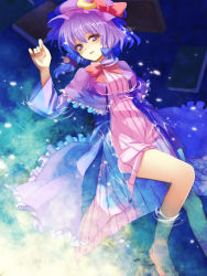 Rule 34 | 1girl, alternate hair length, alternate hairstyle, barefoot, book, bow, bowtie, capelet, crescent, crescent moon, female focus, hair bow, hat, legs, lying, moon, on back, partially submerged, patchouli knowledge, purple eyes, purple hair, robe, shiramori yuse, short hair, solo, striped, submerged, touhou, water