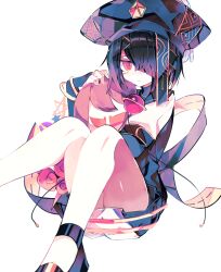 Rule 34 | 1girl, bare legs, black footwear, black hair, blue headwear, blush, bridal gauntlets, character doll, chinese clothes, closed mouth, commentary request, doll, fate/grand order, fate (series), foot out of frame, hair ornament, hair over one eye, hair stick, high heels, highres, holding, holding doll, knees up, long sleeves, looking at viewer, meto (metrin), mole, mole under eye, orb, red eyes, robe, simple background, sitting, smile, solo, straight hair, tassel, convenient skirt, turtleneck, white background, white robe, xu fu (fate)