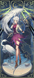 Rule 34 | 1girl, absurdres, alternate costume, animal, belt, bird, boots, braid, brown footwear, buttons, collared dress, dress, earth (planet), feathered wings, french braid, full body, grey hair, grey jacket, highres, jacket, kishin sagume, knees, legs, long sleeves, looking at viewer, open clothes, open jacket, planet, pointing, pointing at self, purple dress, red eyes, seagull, short hair, single wing, solo, space, thighs, touhou, water, white belt, white wings, wings, yinian