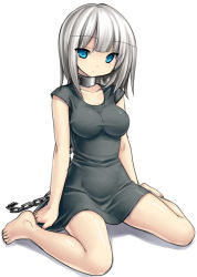 Rule 34 | 1girl, bare legs, barefoot, blue eyes, chain, collar, dress, feet, impossible clothes, impossible dress, legs, original, short hair, silver hair, simple background, sitting, solo, tsukumiya amane, wariza