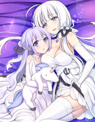 Rule 34 | 2girls, ayase aria, azur lane, black bow, black ribbon, blue eyes, bow, braid, breasts, cleavage, collarbone, commentary request, hugging doll, dress, elbow gloves, french braid, gloves, hair bun, illustrious (azur lane), large breasts, long hair, looking at viewer, low twintails, mole, mole under eye, multiple girls, hugging object, one side up, purple eyes, purple hair, ribbon, side bun, silver hair, single hair bun, single side bun, stuffed animal, stuffed pegasus, stuffed toy, stuffed unicorn, stuffed winged unicorn, thighhighs, twintails, unicorn (azur lane), white dress, white gloves, white legwear