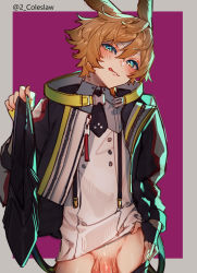 Rule 34 | 1boy, :p, absurdres, arknights, black jacket, black necktie, blue eyes, blush, brown hair, buttons, clothes pull, double-breasted, flaccid, hair between eyes, head tilt, highres, jacket, leonhardt (arknights), looking at viewer, male focus, mirin chikuwa, naughty face, necktie, open clothes, open jacket, out-of-frame censoring, outside border, pants, pants pull, penis, purple background, rabbit ears, short necktie, solo, suspenders, testicles, tongue, tongue out, twitter username, zipper pull tab