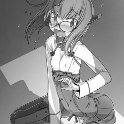 Rule 34 | 10s, 1girl, @ @, anchor, bespectacled, between legs, blush, breasts, corset, covered erect nipples, eyebrows, flying sweatdrops, glasses, greyscale, hand between legs, headgear, kantai collection, long sleeves, monochrome, personification, pleated skirt, sakuya tsuitachi, short hair, skirt, small breasts, solo, taihou (kancolle)