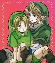 Rule 34 | 2boys, bad id, bad pixiv id, blonde hair, blue eyes, boots, child, dual persona, earrings, gloves, hat, jewelry, link, male focus, multiple boys, nintendo, pointy ears, smile, suzuno (kazahanasu), the legend of zelda, young link
