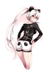 Rule 34 | 1girl, :&lt;, animal ears, ass, back, blush, breasts, caffein, cropped legs, fake animal ears, from behind, hands on own hips, highres, legs, long hair, looking back, panda, panda ears, ponytail, red eyes, shorts, sideboob, solo, thighs, very long hair, vocaloid, white hair, yowane haku