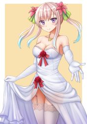 Rule 34 | 1girl, airani iofifteen, bare shoulders, blue hair, blush, bow, breasts, brown background, cleavage, closed mouth, collarbone, dress, elbow gloves, flower, garter straps, gloves, gradient hair, green ribbon, hair between eyes, hair flower, hair ornament, hair ribbon, highres, hololive, hololive indonesia, kazenokaze, light brown hair, looking at viewer, medium breasts, multicolored hair, outstretched arm, pink flower, purple eyes, red bow, red flower, red rose, ribbon, rose, skirt hold, smile, solo, strapless, strapless dress, thighhighs, twintails, two-tone background, virtual youtuber, white background, white dress, white gloves, white thighhighs