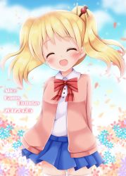 Rule 34 | 1girl, :d, ^ ^, alice cartelet, arms behind back, blonde hair, blue skirt, blue sky, blush, bow, bowtie, cardigan, character name, closed eyes, cloud, collared shirt, commentary request, cowboy shot, day, facing viewer, flower, hair ornament, happy birthday, head tilt, highres, kin-iro mosaic, long hair, long sleeves, minato ojitan, open mouth, petals, pink cardigan, pleated skirt, red bow, red bowtie, school uniform, shirt, skirt, sky, smile, solo, standing, striped bow, striped bowtie, striped clothes, striped neckwear, thighhighs, twintails, white shirt, white thighhighs