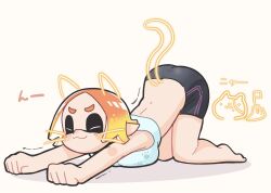 Rule 34 | :3, all fours, animal ears, ass, bike shorts, blonde hair, breast press, breasts, cat ears, cat girl, cat stretch, cat tail, closed eyes, drawn ears, drawn whiskers, gradient hair, hekoningyou (waraningyou), highres, inkling, inkling girl, inkling player character, large breasts, multicolored hair, nintendo, orange hair, paw print, short eyebrows, short hair, splatoon (series), stretching, tail, top-down bottom-up, trembling, white background