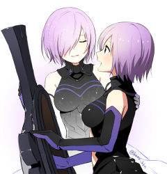 Rule 34 | 1girl, bare shoulders, breasts, elbow gloves, closed eyes, fate/grand order, fate (series), gloves, hair over one eye, holding, kana, mash kyrielight, medium breasts, multiple views, one eye covered, open mouth, purple eyes, purple hair, shield, shirt, short hair, simple background, sleeveless, sleeveless shirt, smile, twitter username, white background