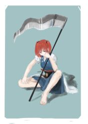 Rule 34 | 1girl, bare legs, barefoot, blue background, highres, looking down, medium hair, onozuka komachi, red eyes, red hair, shinkopeishon, short sleeves, short twintails, solo, touhou, twintails, white background