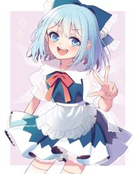Rule 34 | 1girl, alternate costume, apron, blue bow, blue eyes, blue hair, blush, bow, cirno, commentary request, frilled bow, frills, hair bow, looking at viewer, maid apron, neck ribbon, open mouth, outside border, pink background, puffy short sleeves, puffy sleeves, red ribbon, ribbon, short hair, short sleeves, solo, touhou, touya (konpekitou), v, waist apron, white apron