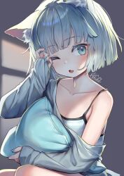 Rule 34 | 1girl, ;o, animal ear fluff, animal ears, blue eyes, blue nails, blunt bangs, blunt ends, breasts, camisole, cat ears, cat girl, fang, highres, holding, holding pillow, long sleeves, looking at viewer, mitake eil, off shoulder, one eye closed, original, pillow, rubbing eyes, short hair, sitting, skin fang, sleepy, sleeves past wrists, small breasts