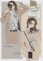 Rule 34 | 1boy, adjusting hair, aegyo sal, artist name, belt, black belt, brown eyes, brown hair, brown suit, buttoned cuffs, buttons, cellphone, character name, collarbone, collared shirt, copyright name, cropped legs, cursive, dress shirt, fashion, film grain, formal, hagiko15, highres, holding, holding phone, illuso, jacket, jojo no kimyou na bouken, long sleeves, looking at phone, male focus, medium hair, multiple views, open clothes, open collar, open jacket, partially unbuttoned, phone, pink lips, shirt, shirt tucked in, smartphone, suit, suit jacket, twitter username, vento aureo