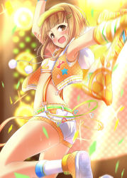 Rule 34 | 10s, 1girl, ass, blurry, brown eyes, brown hair, crop top, depth of field, hair ornament, hairclip, idolmaster, idolmaster cinderella girls, idolmaster cinderella girls starlight stage, kitami yuzu, looking at viewer, looking back, midriff, open mouth, ram hachimin, short hair, short shorts, shorts, smile, solo, suspenders, visor cap