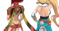 Rule 34 | 2girls, ass, back, backboob, backless outfit, bare shoulders, blonde hair, breasts, commentary request, crossover, cygames, dragalia lost, dress, elbow gloves, elisanne, from behind, gem, gloves, large breasts, long hair, multiple girls, nemunemu semi, nintendo, pants, ponytail, pyra (xenoblade), red hair, red shorts, scarf, short hair, short shorts, shorts, side ponytail, sideboob, tail, very long hair, xeno (series), xenoblade chronicles (series), xenoblade chronicles 2, xenoblade chronicles (series), xenoblade chronicles 2