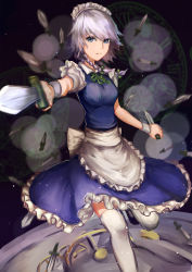 Rule 34 | 1girl, apron, bad id, bad pixiv id, black footwear, blue dress, blue eyes, bow, braid, breasts, chen feng si, commentary request, dress, dual wielding, expressionless, foreshortening, frilled dress, frills, gears, hair bow, highres, holding, holding knife, izayoi sakuya, knife, leg up, light particles, looking at viewer, magic circle, maid, maid apron, maid headdress, reverse grip, ribbon, roman numeral, shirt, shoes, short dress, short hair, short sleeves, silver hair, small breasts, solo, spell card, thighhighs, time, touhou, twin braids, white shirt, white thighhighs