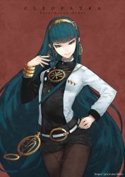 Rule 34 | &gt;:), 1girl, aqua hair, aqua nails, artist name, belt, belt buckle, belt collar, big hair, black shorts, bracelet, breasts, brown pantyhose, buckle, character name, cleopatra (fate), closed mouth, collar, copyright name, cowboy shot, dafei, earrings, facial mark, fate/grand order, fate (series), green eyes, hairband, hand on own hip, jewelry, long hair, long sleeves, looking at viewer, nail polish, necklace, pantyhose, pointy ears, red background, ring, shorts, small breasts, smile, solo, thigh gap, v-shaped eyebrows, very long hair, watermark, web address