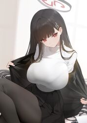 Rule 34 | 1girl, black hair, black halo, black jacket, black pantyhose, black skirt, blue archive, breasts, closed mouth, hair ornament, hairclip, halo, highres, jacket, large breasts, long hair, looking at viewer, open clothes, open jacket, pantyhose, pleated skirt, red eyes, rio (blue archive), sitting, skirt, solo, sweater, turtleneck, turtleneck sweater, very long hair, white sweater, xiujia yihuizi