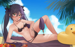 Rule 34 | 1girl, absurdres, aqua eyes, arm support, armpits, bare arms, bare shoulders, beach mat, bikini, black bikini, black hair, bow, breasts, day, front-tie bikini top, front-tie top, genshin impact, hair bow, halterneck, hand on own stomach, highres, kemile, long hair, looking at viewer, lying, mona (genshin impact), multi-strapped bikini, on side, outdoors, reclining, small breasts, solo, string bikini, swimsuit, thighs, tongue, tongue out, twintails