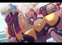 Rule 34 | !, ..., 1boy, 1girl, 217 shion 407, aqua hair, blonde hair, blue hair, bow-shaped hair, creatures (company), day, game freak, gen 4 pokemon, grey pantyhose, grusha (pokemon), highres, iono (pokemon), jacket, letterboxed, livestream, long hair, looking at viewer, multicolored hair, nintendo, open mouth, outdoors, oversized clothes, pantyhose, pink eyes, pink hair, pokemon, pokemon (creature), pokemon sv, rotom, rotom phone, scarf, sharp teeth, single leg pantyhose, sleeves past fingers, sleeves past wrists, sparkle, spoken exclamation mark, teeth, two-tone scarf, very long hair, yellow jacket
