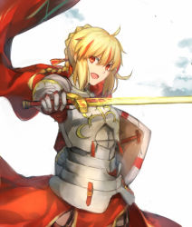 Rule 34 | 1other, armor, artoria pendragon (fate), blonde hair, braid, cape, excalibur (fate/stay night), fate/stay night, fate/strange fake, fate (series), fusion, fuurin, garter straps, gauntlets, glowing, glowing sword, glowing weapon, holding, holding sword, holding weapon, male focus, multicolored hair, other focus, plackart, red cape, red eyes, richard i (fate), saber (fate), shield, single braid, solo, streaked hair, sword, weapon