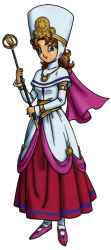 Rule 34 | 1girl, blonde hair, blue eyes, brown hair, cape, curly hair, detached sleeves, dragon quest, dragon quest viii, dress, hat, minnie, official art, simple background, solo, standing, star (symbol), toriyama akira, wand
