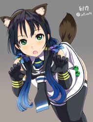 Rule 34 | 10s, 1girl, animal ears, blue hair, blush, dated, elbow gloves, gloves, green eyes, hairband, highres, infinote, kantai collection, long hair, looking at viewer, open mouth, paw pose, ribbon, school uniform, serafuku, suzukaze (kancolle), tail, thighhighs, twintails, twitter username