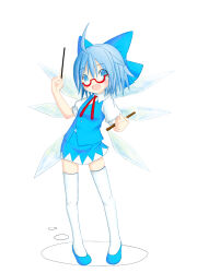 Rule 34 | 1girl, adapted costume, ahoge, blue bow, blue eyes, blue footwear, blue hair, blue skirt, blue vest, bow, cirno, collared shirt, detached wings, full body, hair between eyes, hair bow, holding, ice, ice wings, leaning back, miniskirt, open mouth, pigeon-toed, puffy short sleeves, puffy sleeves, red-framed eyewear, runjay, semi-rimless eyewear, shirt, short hair, short sleeves, simple background, skirt, solo, standing, thighhighs, touhou, under-rim eyewear, vest, white background, white shirt, white thighhighs, wings, zettai ryouiki