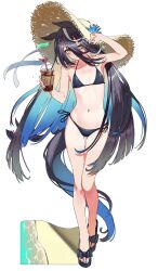 Rule 34 | 1girl, acaa, animal ears, beach, bikini, black bikini, black footwear, blue flower, blue hair, closed mouth, collarbone, colored inner hair, commentary request, cup, drinking straw, flat chest, flower, flower hat, full body, gluteal fold, hair between eyes, hat, highres, holding, holding cup, horse ears, horse girl, horse tail, long hair, looking at viewer, manhattan cafe (umamusume), multicolored hair, navel, sand, sandals, side-tie bikini bottom, simple background, solo, standing, straw hat, streaked hair, swimsuit, tail, umamusume, very long hair, white background, white hair, yellow eyes, yellow hat
