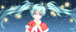 Rule 34 | 1girl, :d, blue eyes, blue hair, blue ribbon, capelet, floating hair, gloves, hair between eyes, hair ornament, hatsune miku, highres, holding, long hair, looking at viewer, open mouth, red gloves, ribbon, santa costume, smile, solo, star (symbol), twintails, very long hair, vocaloid, wrist ribbon, zuu (qq770463651)