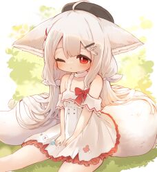 Rule 34 | 1girl, ahoge, animal ears, bare shoulders, black hat, blush, bow, buttons, closed mouth, dress, floral print, fox ears, fox girl, fox tail, frown, grass, hair ornament, hair ribbon, hairclip, hat, highres, long hair, low twintails, one eye closed, original, red bow, red eyes, red trim, ribbon, sakurada shiro (hy plus), sitting, solo, sunapua, tail, twintails, very long hair, white hair