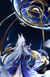 Rule 34 | 1girl, absurdres, azur lane, blurry, blurry foreground, cookieblade, fox girl, from behind, gold trim, grey hair, highres, japanese clothes, kimono, long hair, moon phases, observatory, purple kimono, shinano (azur lane), sky, solo, standing, star (sky), starry sky, telescope