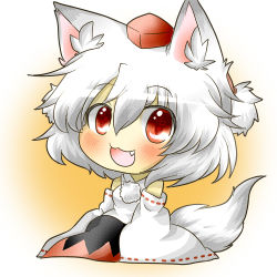Rule 34 | 1girl, animal ears, bad id, bad pixiv id, blush, chibi, detached sleeves, fang, female focus, gradient background, hat, inubashiri momiji, open mouth, ponytail, rebecca (keinelove), red eyes, shirt, silver hair, sitting, skirt, solo, tail, touhou, white background, wolf ears, wolf tail