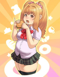 Rule 34 | 1girl, anepiza-senpai, anepizza-senpai, bad id, bad pixiv id, belly, black thighhighs, blonde hair, blush, borrowed character, breasts, brown eyes, burger, bursting belly, eating, food, hair intakes, lips, long hair, maou alba, medium breasts, miniskirt, open mouth, original, pinky out, pleated skirt, plump, scrunchie, skirt, solo, sweatdrop, thick thighs, thighhighs, thighs, twintails