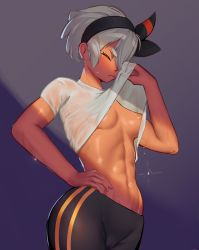 Rule 34 | 1girl, abs, areola slip, bea (pokemon), black hairband, black leggings, blouse, bow hairband, breasts, cameltoe, cleft of venus, closed eyes, closed mouth, clothes lift, creatures (company), dark-skinned female, dark skin, dripping, eyelashes, game freak, grey background, grey hair, hair between eyes, hairband, hand on own hip, highres, leggings, lifted by self, mon eree, muscular, muscular female, navel, nintendo, nipple slip, nipples, no bra, pokemon, pokemon swsh, print hairband, shirt, shirt lift, short hair, short sleeves, solo, sweat, t-shirt, toned, wet, wet clothes, wet shirt, white shirt, wiping sweat