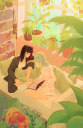 Rule 34 | 2girls, absurdres, animal ears, arknights, barefoot, bear ears, blouse, blue eyes, blue hair, book, book on lap, bookshelf, brown hair, brown jacket, brown pants, capri pants, casual, chromatic aberration, closed mouth, collarbone, commentary request, couch, cushion, dress, flower, food, from above, fruit, full body, highres, huge filesize, indoors, istina (arknights), jacket, leaf, looking at another, medium hair, multicolored hair, multiple girls, on couch, open book, open clothes, open jacket, pants, pink dress, pink legwear, plant, potted plant, reading, red hair, saphire, shirt, sitting, smile, socks, streaked hair, vines, white flower, white shirt, window, yokozuwari, yuri, zima (arknights)