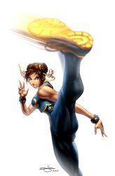 Rule 34 | 1990s (style), 1girl, abs, angry, bodysuit, breasts, brown eyes, brown hair, capcom, china dress, chinese clothes, chun-li, cropped jacket, double bun, dress, high kick, highres, huge breasts, kicking, large breasts, leotard, lips, makeup, motion blur, muscular, official art, omar dogan, shoes, short hair, signature, skin tight, sneakers, solo, street fighter, street fighter ii (series), street fighter zero (series), street fighter zero i, thick thighs, thighs, unitard