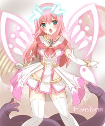 Rule 34 | 1girl, absurdres, blue eyes, blush, breasts, butterfly wings, dress, elbow gloves, english text, gloves, glowing, glowing wings, hair between eyes, highres, insect wings, long hair, looking at viewer, magical girl, medium breasts, no entry sign, non (wednesday-classic), open mouth, original, pink hair, pole, red neckwear, road sign, sign, solo, tentacles, thighhighs, very long hair, white dress, white gloves, white thighhighs, wings