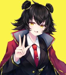 Rule 34 | 1girl, :3, black hair, black jacket, cape, collared shirt, double bun, gold trim, hair bun, hand up, jacket, library of ruina, long sleeves, looking at viewer, medium hair, mei (project moon), mikoto0x0, necktie, project moon, red cape, red necktie, shirt, sidelocks, simple background, solo, tie clip, w, white shirt, yellow background