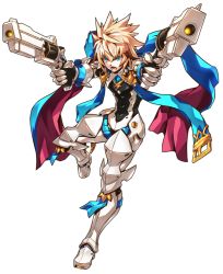 Rule 34 | 1boy, :o, absurdres, angry, armor, blonde hair, blue eyes, blue scarf, boots, brown hair, chung seiker, deadly chaser (elsword), dual wielding, elsword, full armor, full body, gloves, gun, highres, holding, male focus, multicolored hair, official art, open mouth, ress, scarf, solo, spiked hair, standing, standing on one leg, streaked hair, transparent background, two-tone hair, weapon