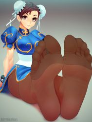 Rule 34 | 1girl, bracelet, brown eyes, brown hair, bun cover, capcom, chinese clothes, chun-li, double bun, earrings, feet, foot focus, jewelry, looking at viewer, pantyhose, pov, puffypinkpaws, smile, soles, spiked bracelet, spikes, street fighter, toes