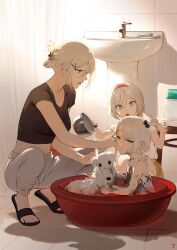 Rule 34 | 3girls, absurdres, aged down, ak-12 (girls&#039; frontline), alternate hairstyle, an-94 (girls&#039; frontline), bathroom, black shirt, blonde hair, dirty, dog, duoyuanjun, girls&#039; frontline, hair ornament, hairclip, highres, multiple girls, one side up, pouring onto another, shaw (girls&#039; frontline), shirt, short hair, slippers, squatting