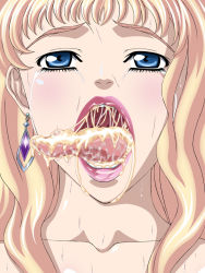 Rule 34 | 1girl, blonde hair, blue eyes, collarbone, cum, cum drool, cum in mouth, cum string, female focus, licking, long tongue, macross, macross frontier, mouth focus, open mouth, saliva, sheryl nome, solo, sweat, tears, tongue, tongue out, uvula, vogue