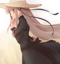 Rule 34 | 1girl, arm behind back, black dress, black ribbon, blunt bangs, closed mouth, commentary, cowboy shot, dress, eyes visible through hair, floating hair, frilled sleeves, frills, from side, hair ribbon, hand up, hat, juliet sleeves, light brown hair, light smile, long dress, long hair, long ribbon, long sleeves, looking at viewer, official alternate costume, profile, puffy sleeves, rewrite, ribbon, sakura emi, senri akane, sidelocks, sideways glance, simple background, solo, standing, straight hair, very long hair, yellow background, yellow eyes, yellow hat