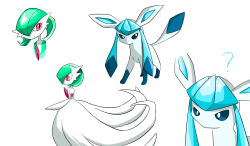 Rule 34 | 1girl, ?, bare shoulders, blue hair, blue sclera, bob cut, closed mouth, colored sclera, colored skin, creatures (company), elbow gloves, expressionless, female focus, flat chest, from side, full body, game freak, gardevoir, gen 3 pokemon, gen 4 pokemon, glaceon, gloves, green hair, green skin, hair over one eye, long hair, looking to the side, mega gardevoir, mega pokemon, multicolored skin, multiple views, nintendo, one eye covered, pokemon, pokemon (creature), red eyes, rve, short hair, simple background, sketch, standing, twintails, two-tone skin, white background, white eyes, white gloves, white skin