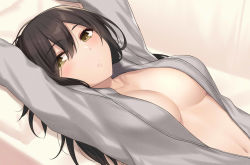 Rule 34 | 1girl, arms up, bad id, bad pixiv id, blush, breasts, brown eyes, brown hair, cccpo, cleavage, closed mouth, coat, collarbone, commentary request, dutch angle, grey jacket, hair between eyes, hood, hood down, hooded jacket, jacket, long hair, lying, medium breasts, naked coat, navel, no bra, on back, open clothes, open jacket, original, pillow, solo, upper body