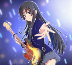 Rule 34 | 1girl, akiyama mio, artist name, bad id, bad pixiv id, black eyes, black hair, blue background, blue jacket, blush, closed mouth, cowboy shot, floating hair, grey skirt, holding, holding instrument, instrument, jacket, k-on!, long hair, long sleeves, looking at viewer, miniskirt, outstretched hand, pleated skirt, reaching, reaching towards viewer, sakuragaoka high school uniform, school uniform, shirt, skirt, smile, solo, standing, straight hair, tina1213, twitter username, very long hair, watermark, white shirt
