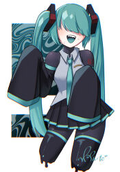 Rule 34 | 1girl, abstract background, aqua hair, aqua necktie, aqua tongue, black bodysuit, black skirt, black sleeves, black thighhighs, blush, bodysuit, bodysuit under clothes, breasts, collared shirt, commentary, covered eyes, cowboy shot, cropped legs, detached sleeves, dripping, grey shirt, hair ornament, hair over eyes, hatsune miku, highres, long bangs, long hair, long sleeves, mekakure miku (homma nuruneko), miniskirt, necktie, open mouth, pleated skirt, sharp teeth, shirt, signature, skirt, sleeveless, sleeveless shirt, sleeves past fingers, sleeves past wrists, small breasts, solo, standing, sweat, teeth, thighhighs, twintails, very long hair, vocaloid, wide sleeves, wonder (natade nico2525)