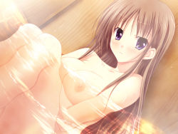 Rule 34 | 00s, 1girl, against wall, atelier kaguya, bare legs, bare shoulders, bath, bathroom, bathtub, blue eyes, blush, breast hold, breasts, breasts squeezed together, brown hair, choco chip, cleavage, closed mouth, collarbone, completely nude, day, dutch angle, eyelashes, feet out of frame, female focus, full body, game cg, hair between eyes, hugging own legs, japanese clothes, knee up, lips, long hair, looking at viewer, miko, nipples, nude, onsen, outdoors, partially submerged, sara sara sasara, shade, shirotae mahiru, sitting, small breasts, soaking feet, solo, solo focus, stomach, sunset, sweat, sweatdrop, thighs, underwater, very long hair, wall, water, water drop, water surface, wet, wooden wall